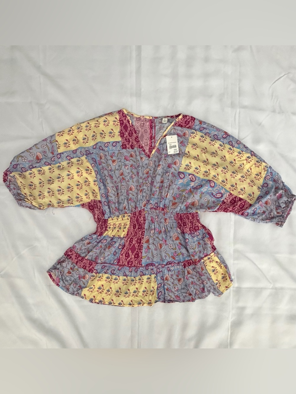 Cato Patchwork Peasant Tunic in Yellow, Lavender & Burgundy